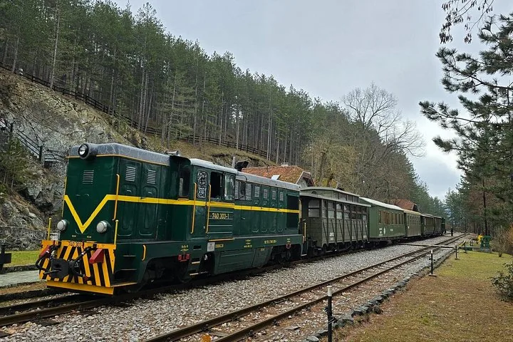 Groene trein op rails die langs een heuvel met bomen rijdt.