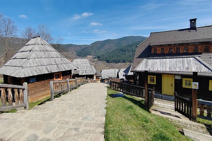 Traditionele houten huizen langs een stenen pad in Drvengrad.